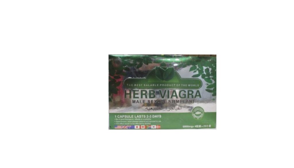 A sachet of herbal Viagra, labeled with the product name and key ingredients.