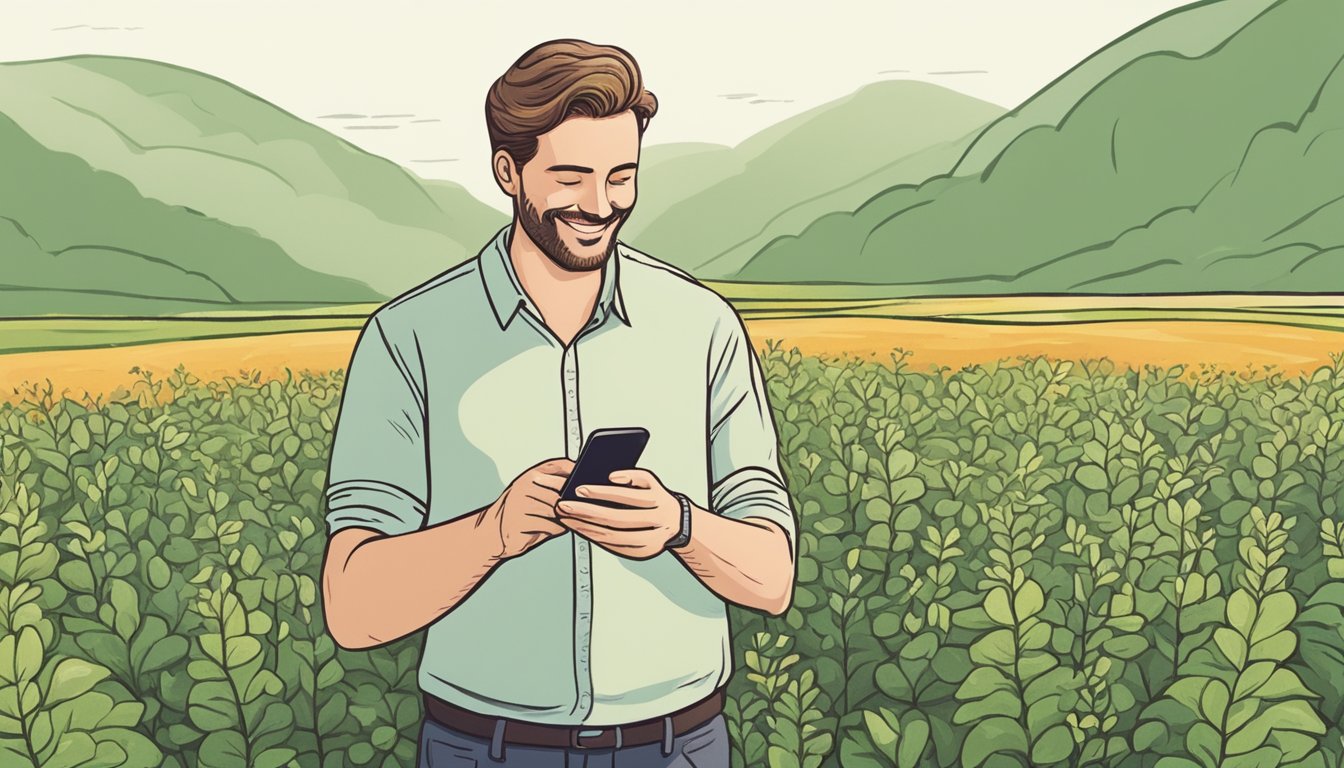 A person standing in a lush green field, looking at their phone with mountains in the background.