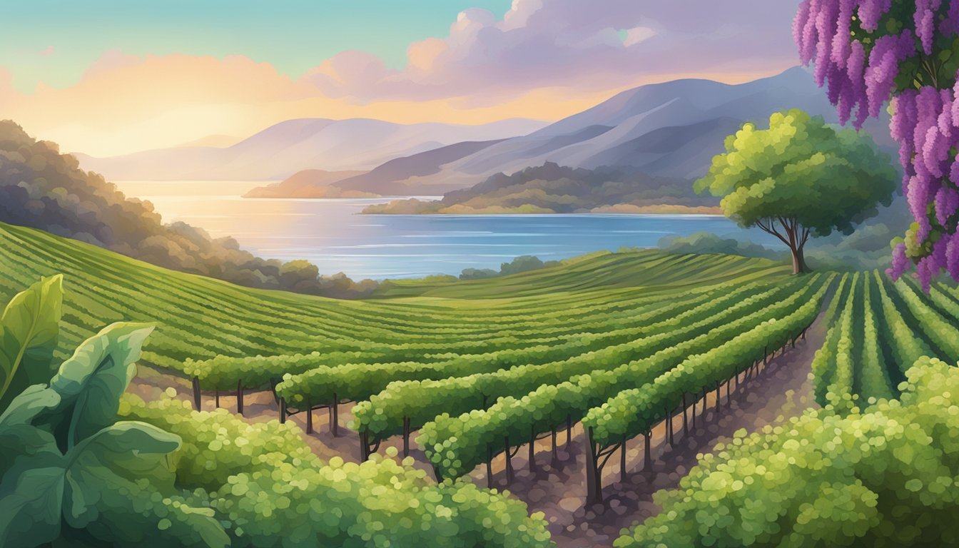 A serene vineyard landscape with lush green grapevines, a calm lake, and mountains in the background at sunset.