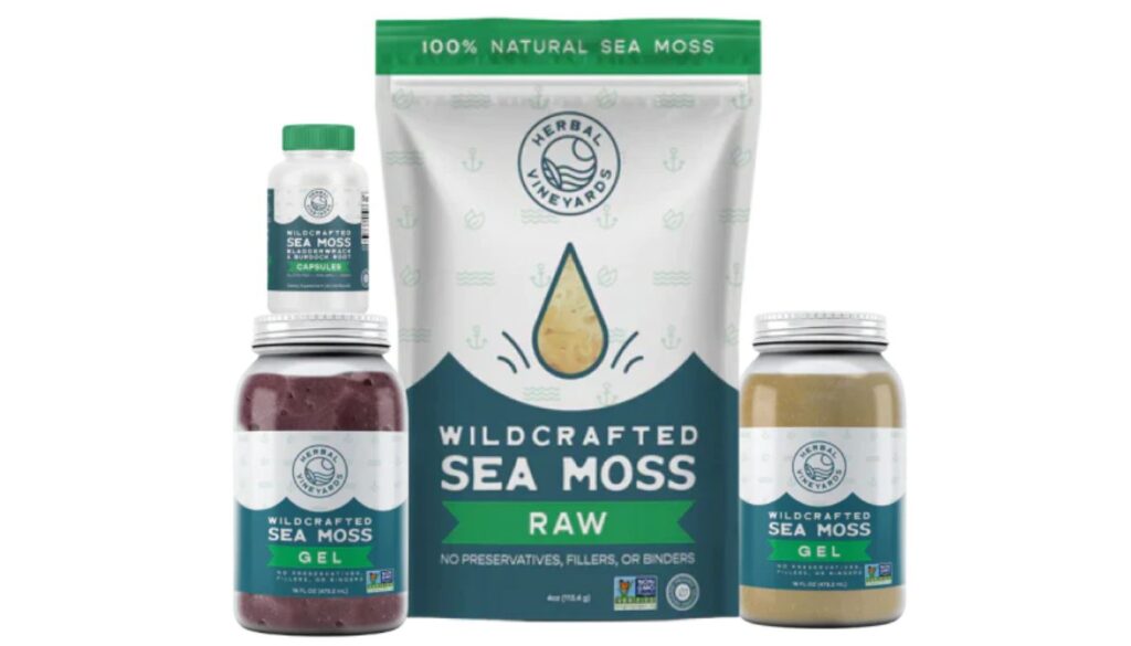 A collection of Herbal Vineyards products including Wildcrafted Sea Moss Gel, Raw Sea Moss, and Sea Moss Capsules.