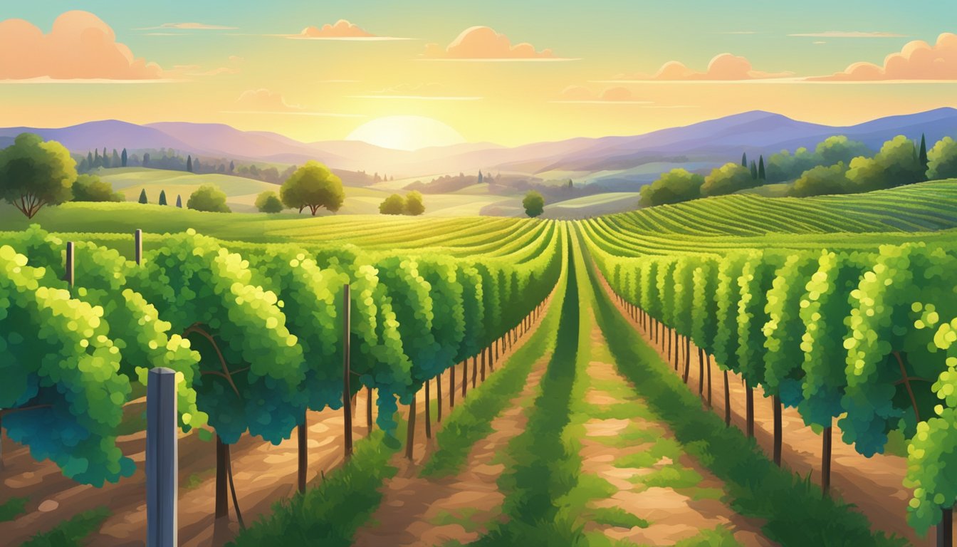 A scenic view of lush green vineyards under a golden sunrise with rolling hills in the background.