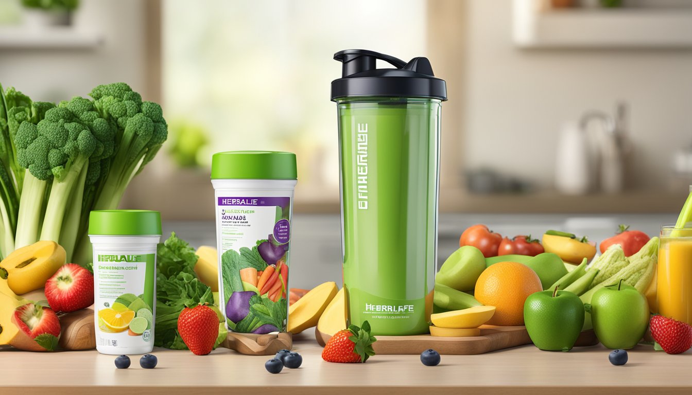 A Herbalife nutritional shake in a green shaker bottle, surrounded by fresh fruits, vegetables, and two containers of Herbalife nutritional products.