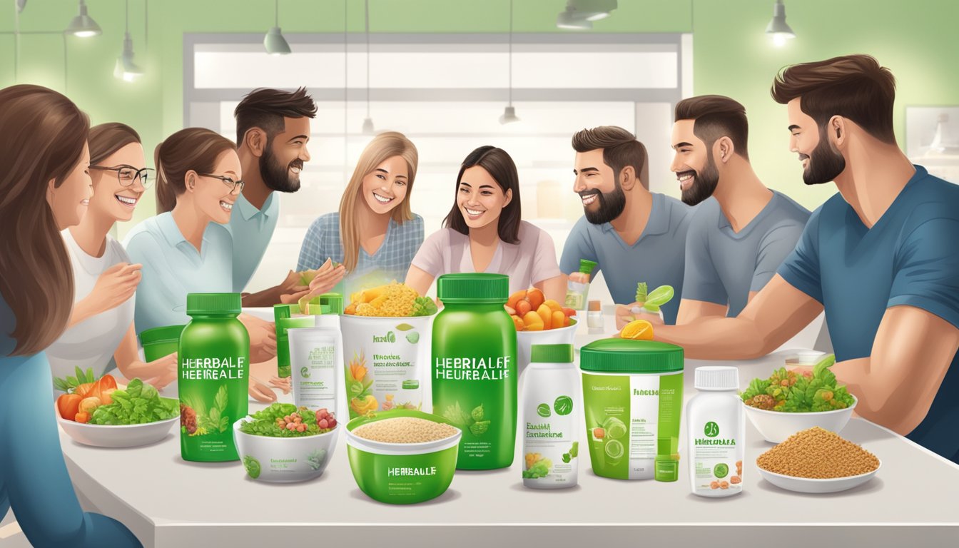 Illustration of people gathered around a table with Herbalife products.