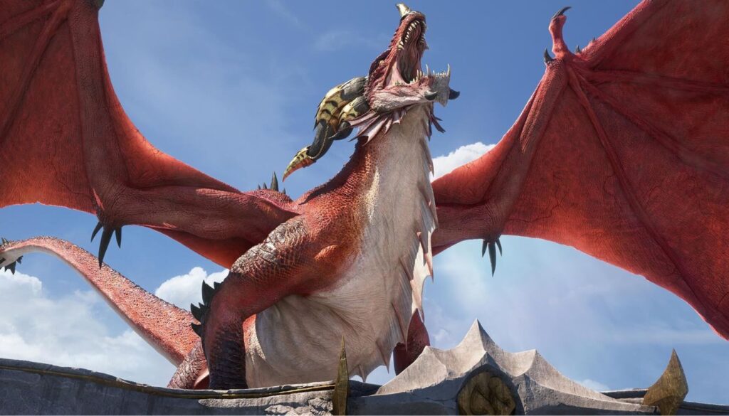 A large red dragon with outstretched wings and an open mouth, roaring against a blue sky with clouds. The dragon has a detailed, scaly texture and is perched on a stone structure with sharp, pointed edges.