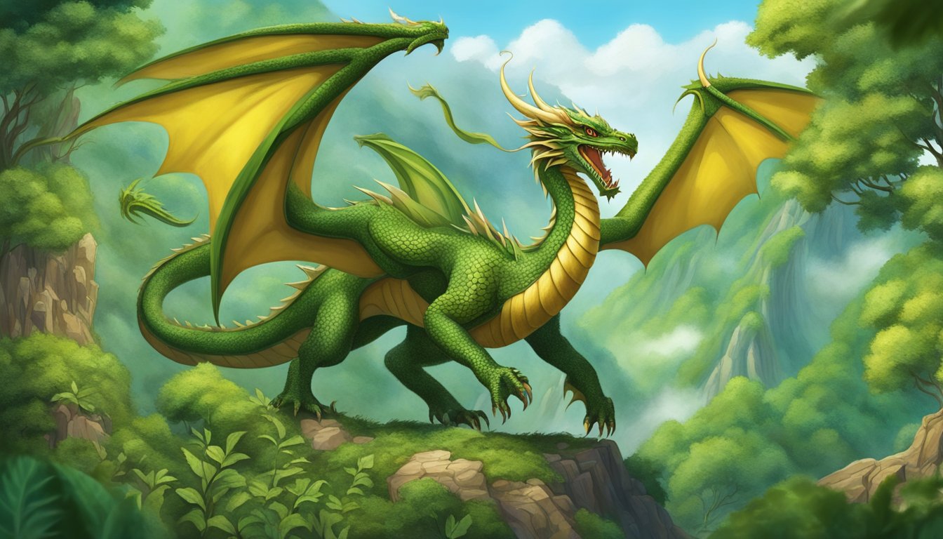 Illustration of a green dragon with yellow wings in a forest