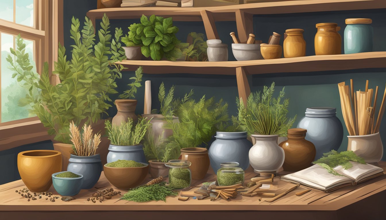 An illustration of a herbalist’s workspace with various plants and tools.