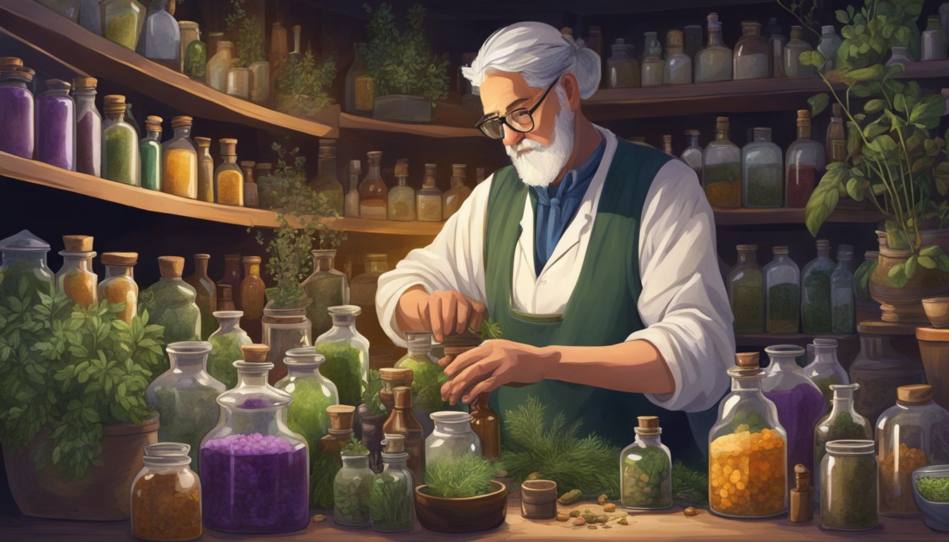 A herbalist preparing natural remedies surrounded by shelves of various herbs and potions.