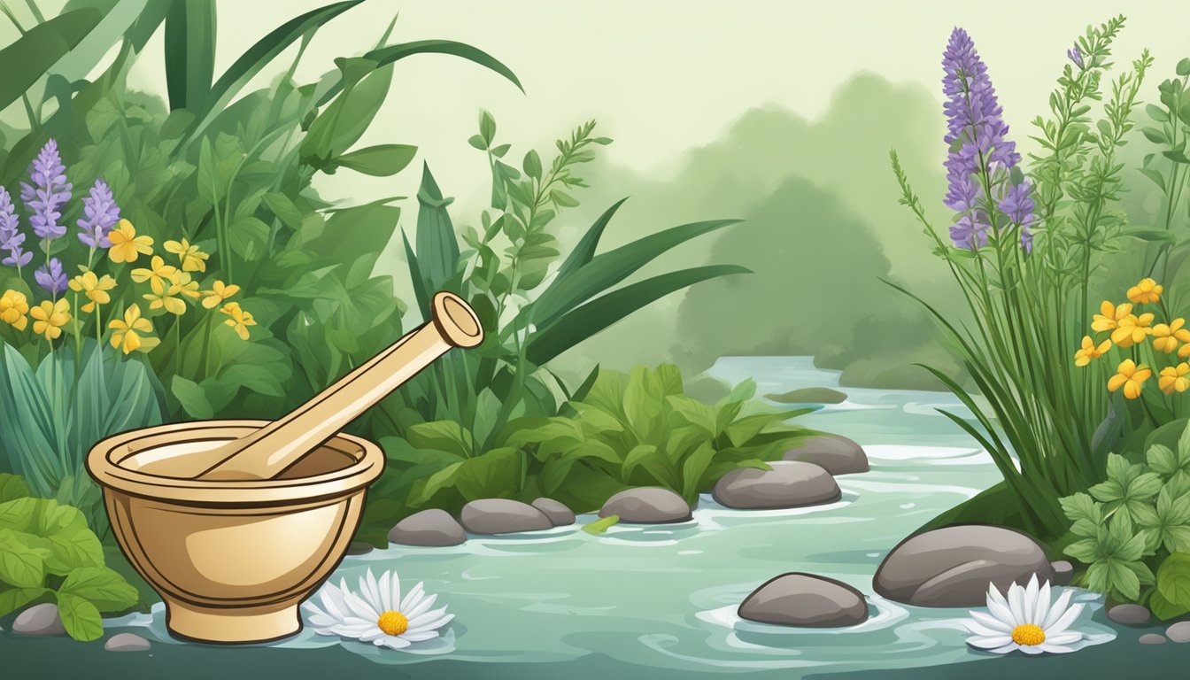 Illustration of a mortar and pestle in a natural setting with plants and a stream