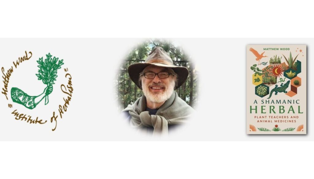 A collage featuring the logo of the Matthew Wood Institute of Herbalism, a blurred portrait of a person wearing a hat and scarf, and the cover of the book "A Shamanic Herbal: Plant Teachers and Animal Medicines" by Matthew Wood.