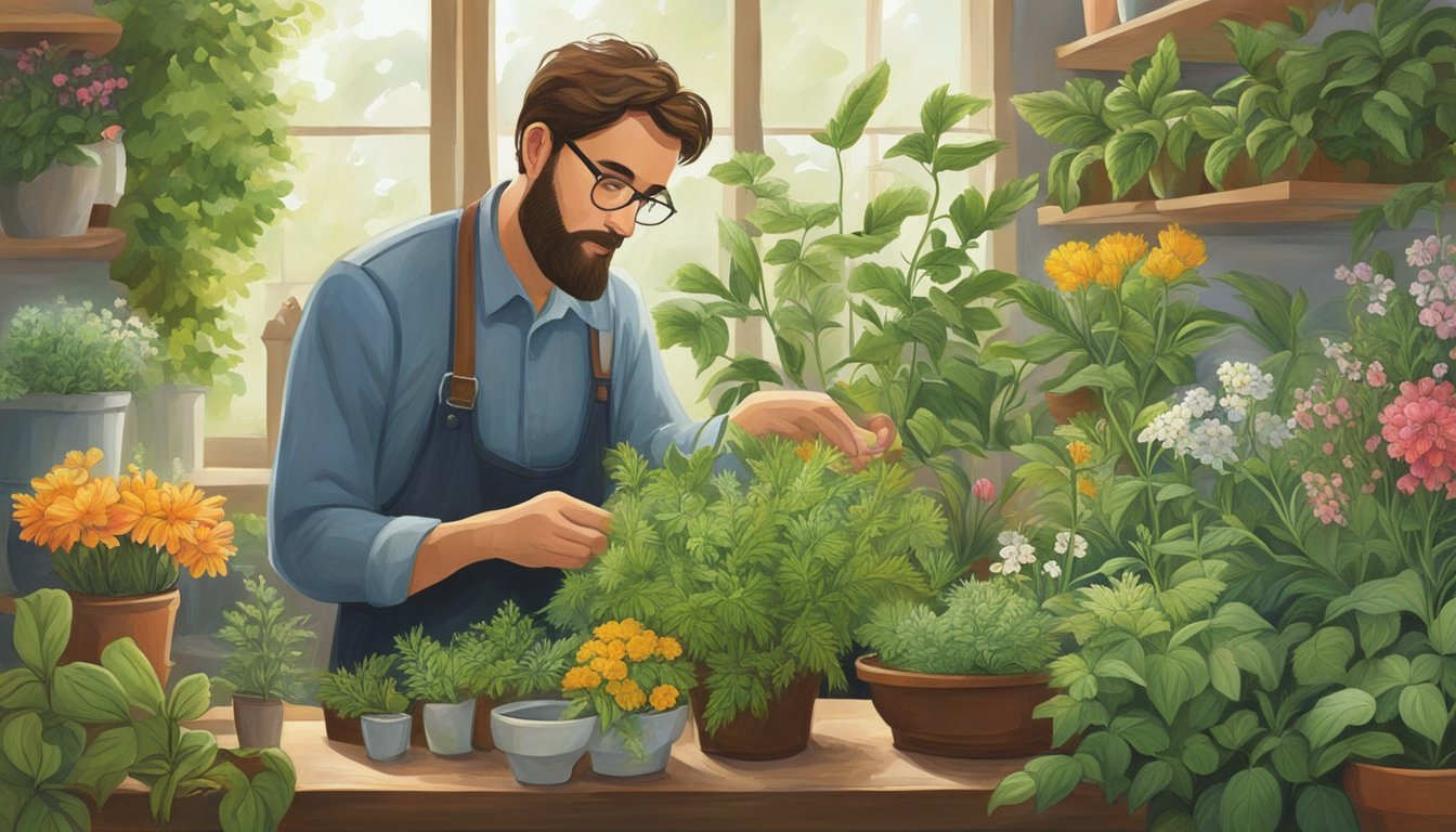 Illustration of a person tending to a variety of potted plants.