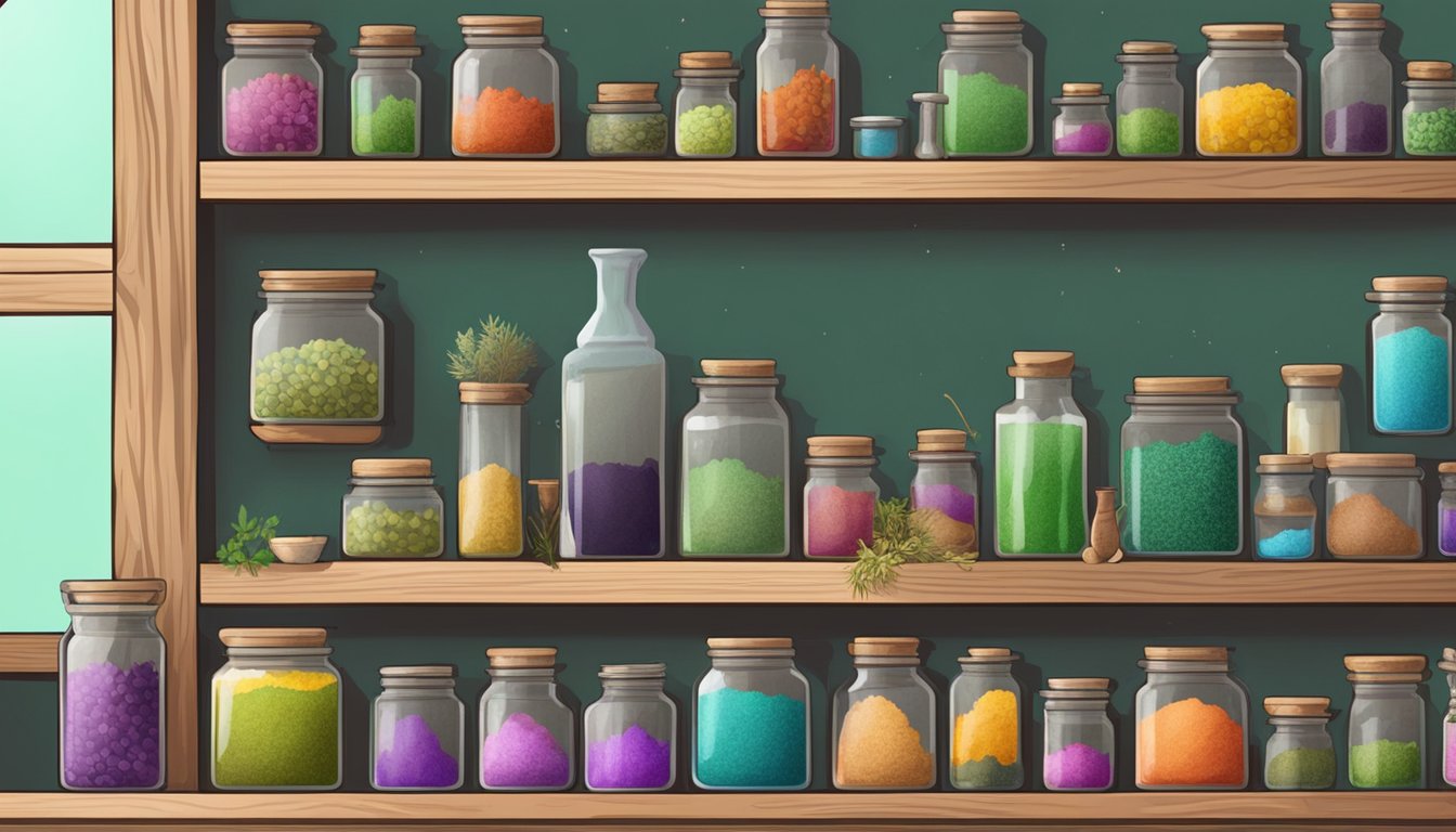 Illustration of a shelf with jars of colorful herbs and spices
