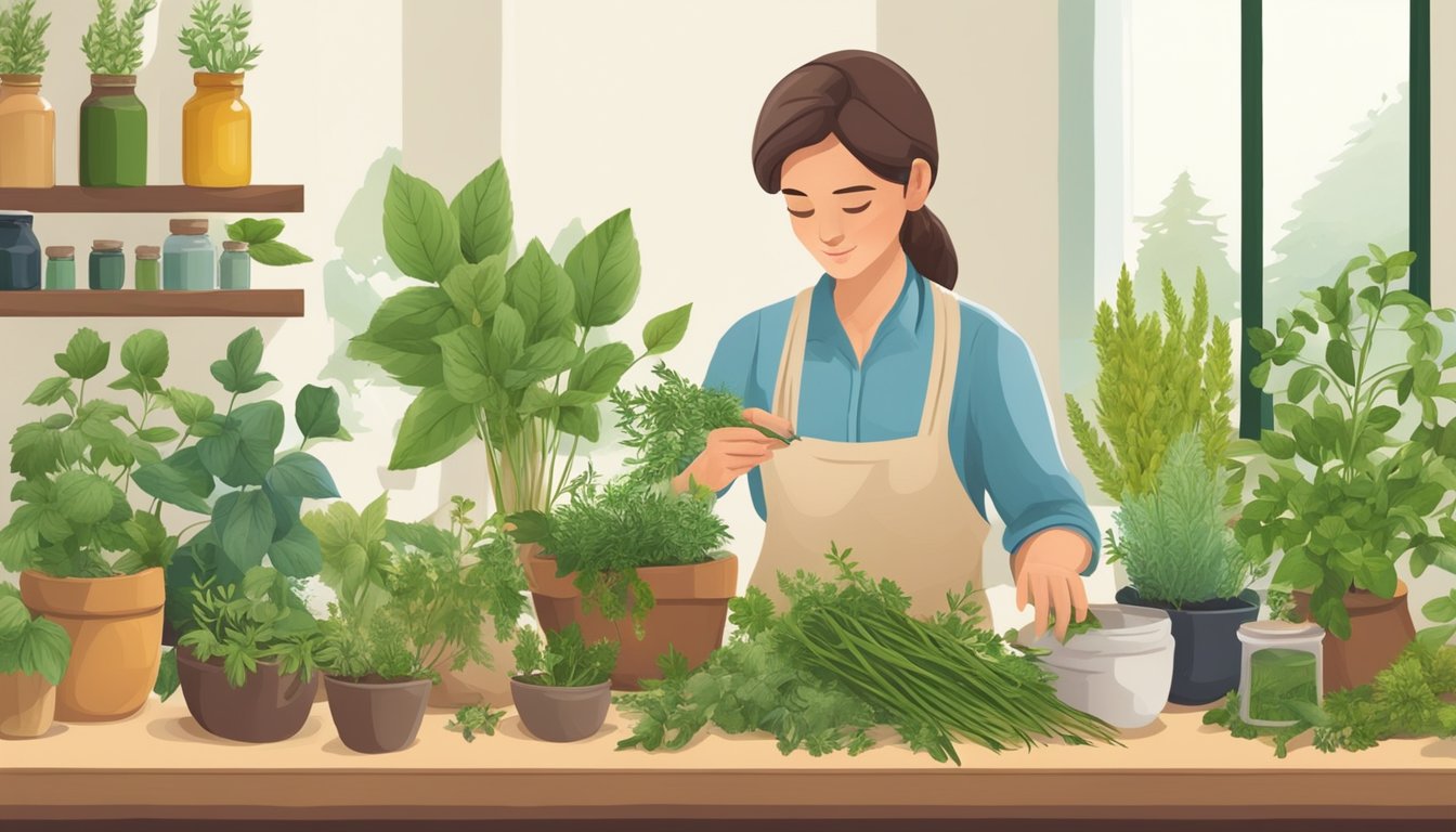An illustration of a person tending to potted plants on a windowsill.