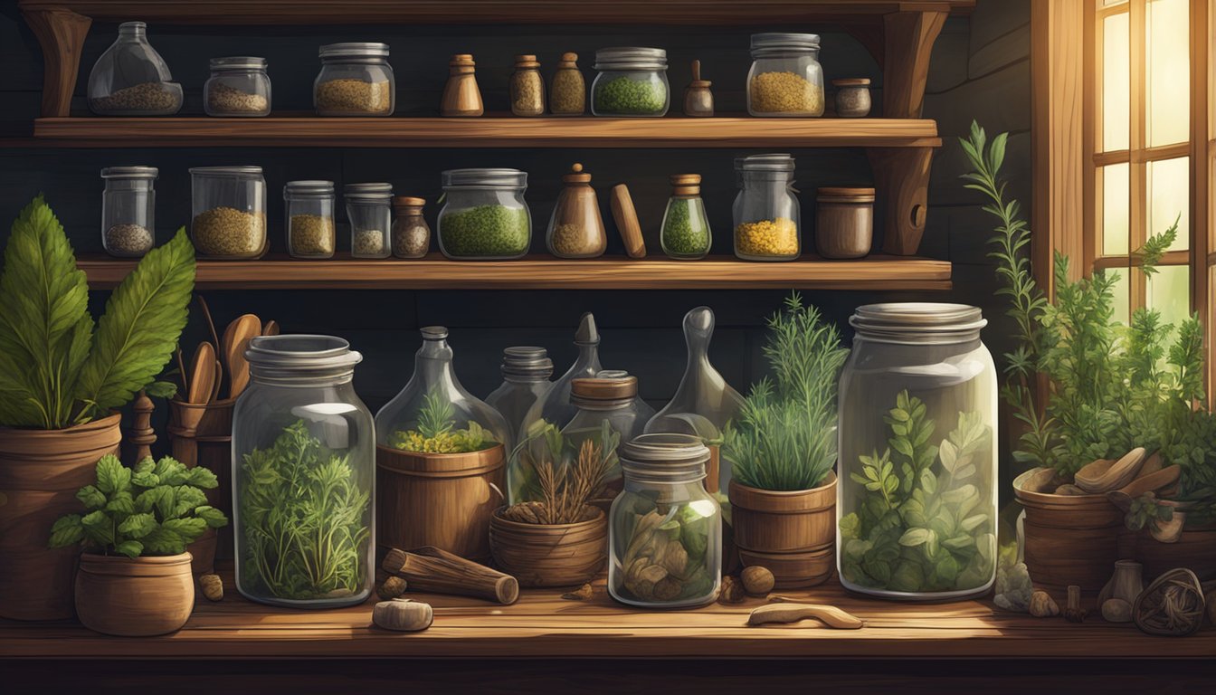 A collection of herbalist supplies on a wooden shelf.