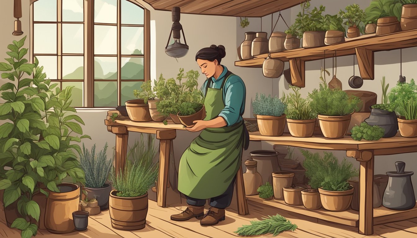 Illustration of a herbalist working in a greenhouse.
