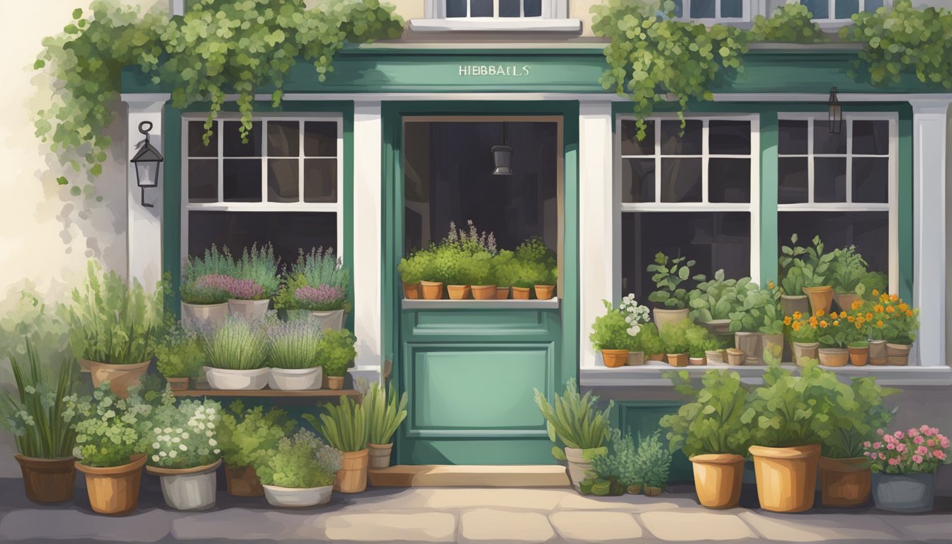 Illustration of a herbalist shop with plants and flowers in pots outside