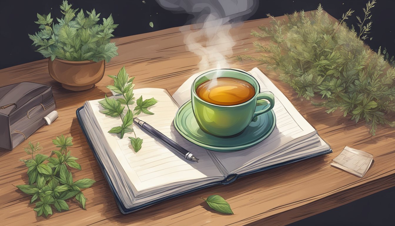 A steaming cup of herbal tea sits atop an open notebook surrounded by fresh green herbs on a wooden table, evoking a sense of natural wellness.