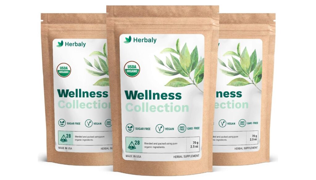 Three brown resealable pouches of Herbaly Wellness Collection herbal tea with white labels featuring green leaf designs and organic, vegan, and GMO-free certifications.