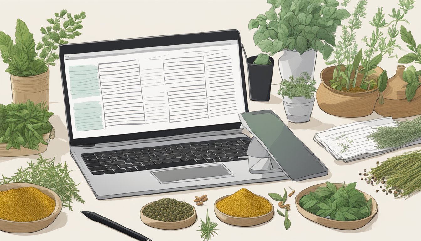 A laptop surrounded by various herbs and spices in pots and bowls, depicting the integration of technology in herbal studies.