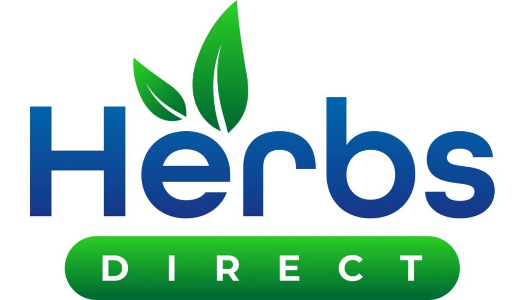 Herbs Direct logo featuring the word "Herbs" in blue gradient text with green leaves above the letter "H" and the word "DIRECT" in white text inside a green rounded rectangle.