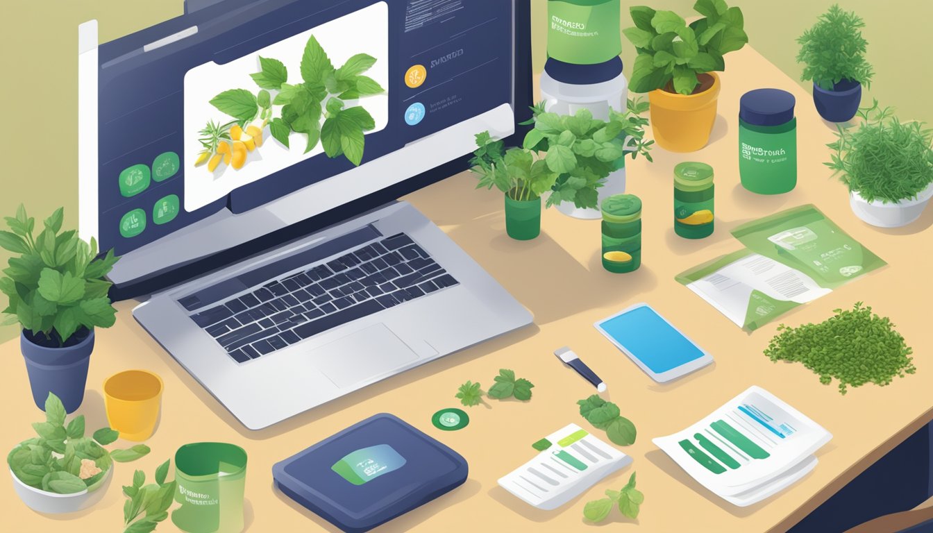 An illustration showcasing a variety of herbs and supplements on a desk with a laptop displaying information about herbs.