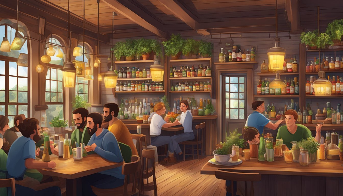 A cozy, well-lit tavern with patrons enjoying their time, surrounded by wooden interiors and an array of herbs and bottled beverages on the shelves.