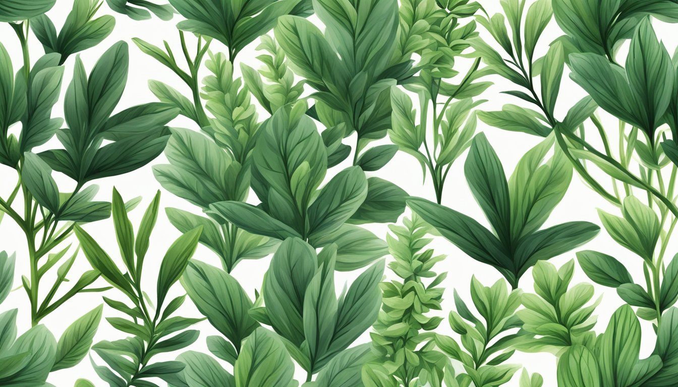 A seamless pattern of green herbs on a white background.