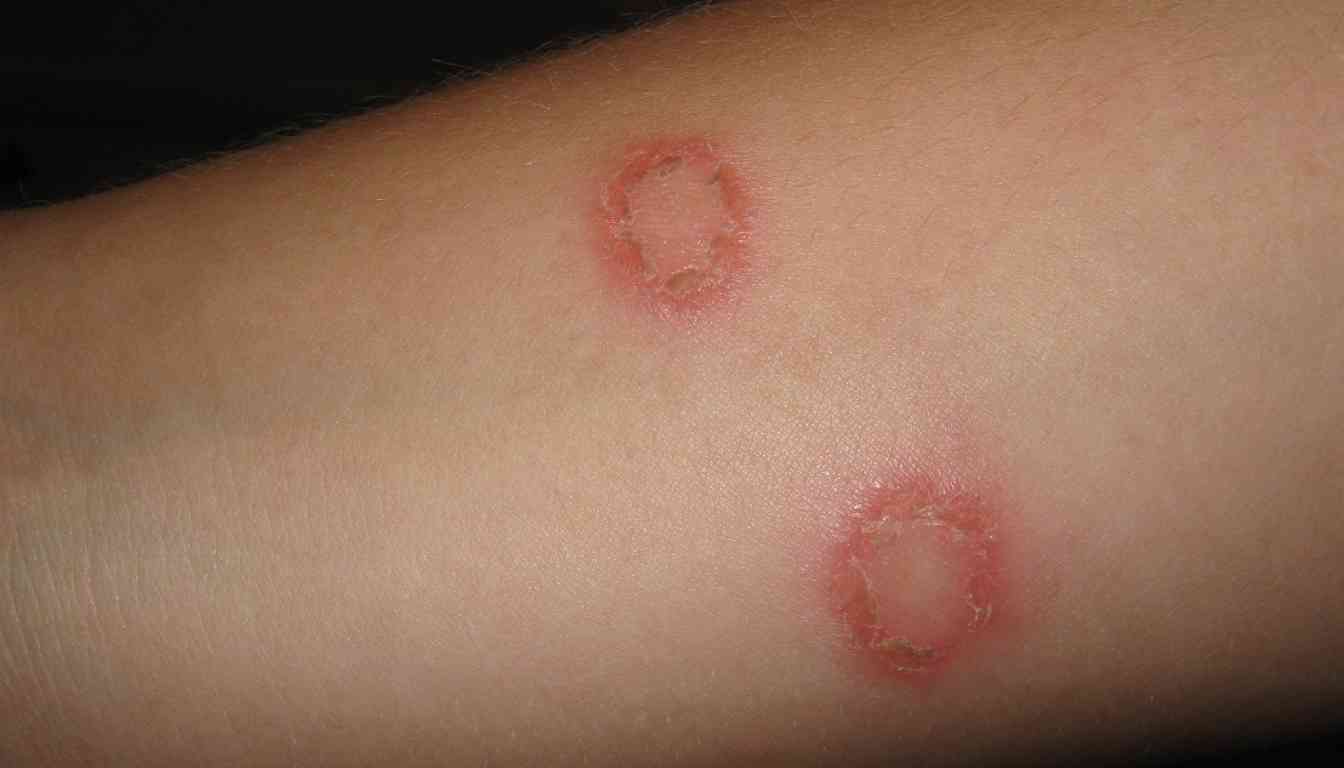 Two distinct circular red rashes with raised borders on human skin indicative of ringworm infection.