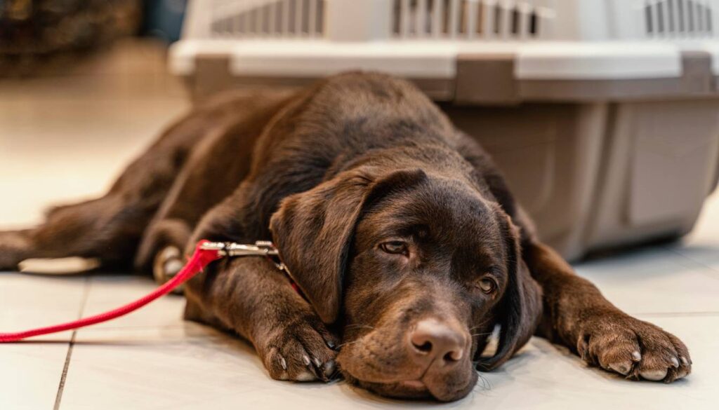 A brown dog lying on the floor with a red leash attached to its collar, resting in front of a pet carrier.