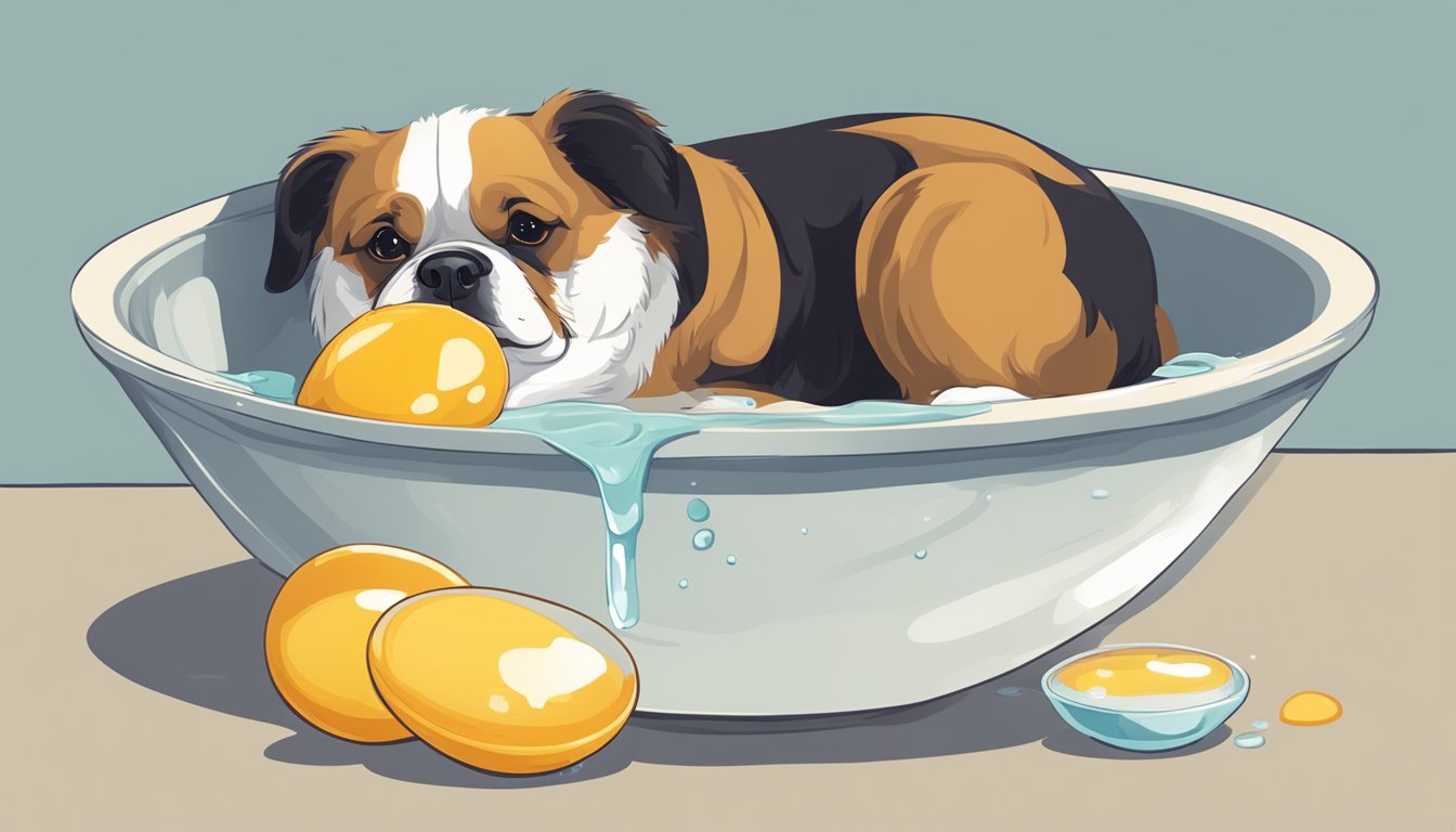 Illustration of a puppy in a bowl of water with egg yolks.
