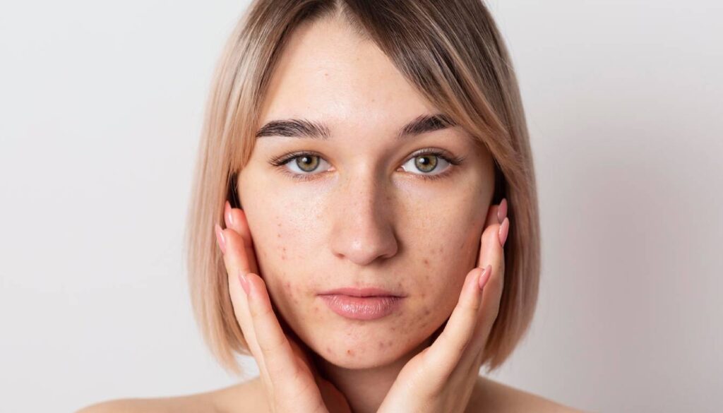 A girl holding her face in her hands, showing skin that has been affected by pimples and still has some scarring.