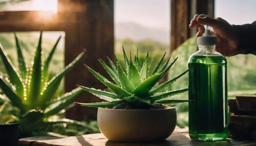 A person’s hand holding a green bottle next to an aloe vera plant on a wooden table.