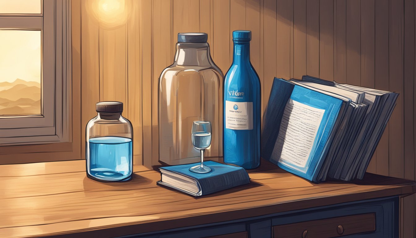 A serene indoor setting with various bottles and books on a wooden table, with a scenic outdoor view in the background.