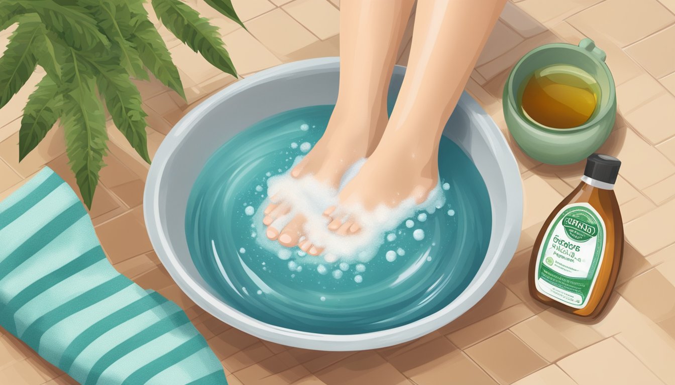 Illustration of a person soaking their feet in a basin of water with tea tree oil.