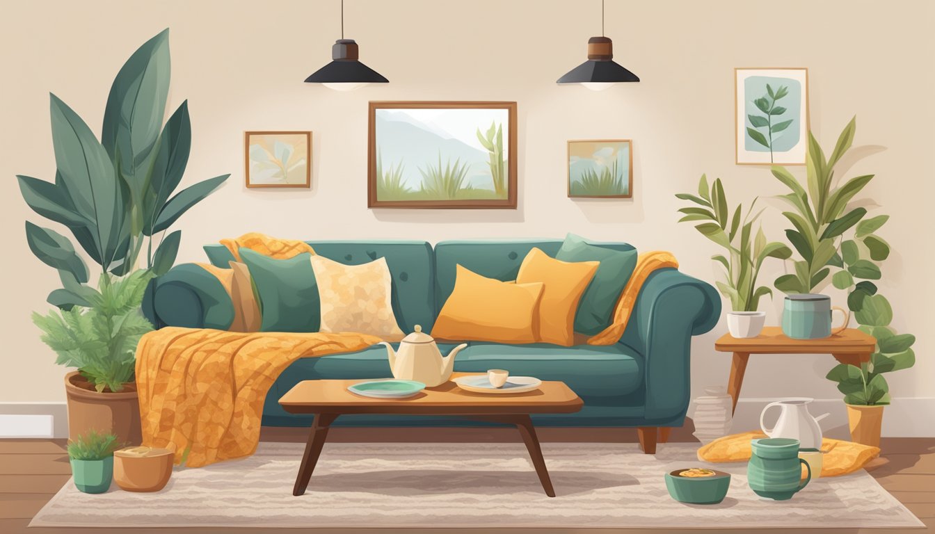 A cozy living room with a green sofa, plants, and a coffee table, symbolizing home remedies for viral bronchitis.