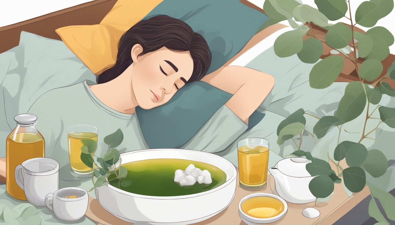 An illustration of a person resting in bed with home remedies for viral fever.