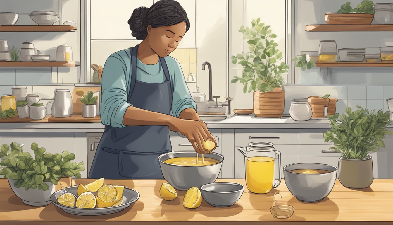 A woman in a kitchen preparing a home remedy for intestinal flu.