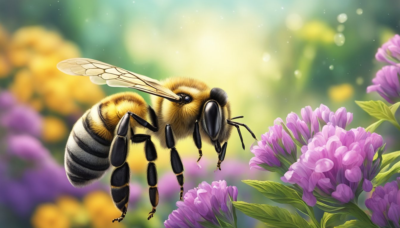 A detailed illustration of a honeybee hovering near vibrant purple flowers, with a soft focus green and yellow background.