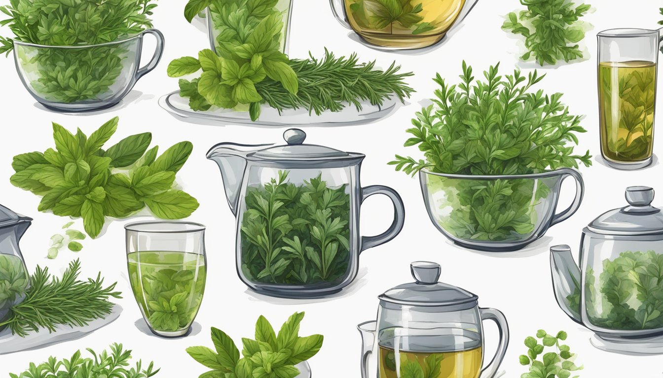 A collection of illustrations showcasing various stages of herbal tea preparation, including fresh herbs, a teapot filled with herbs, and cups of brewed herbal tea.