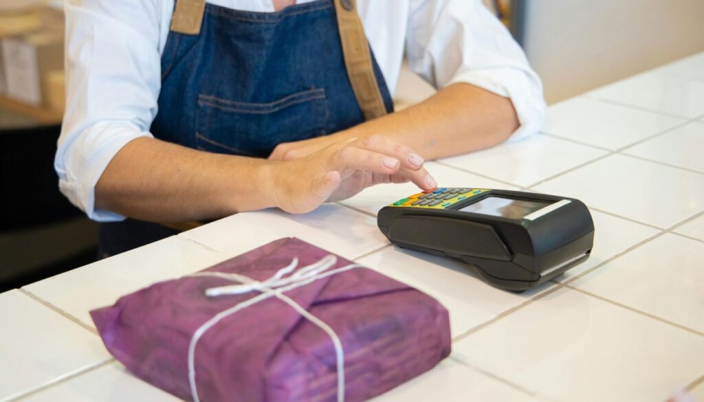 A person in a white shirt and blue apron using a card payment terminal on a white tiled counter, with a purple wrapped package nearby.