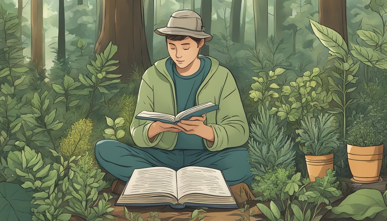 An illustration of a person reading a book in a forest.