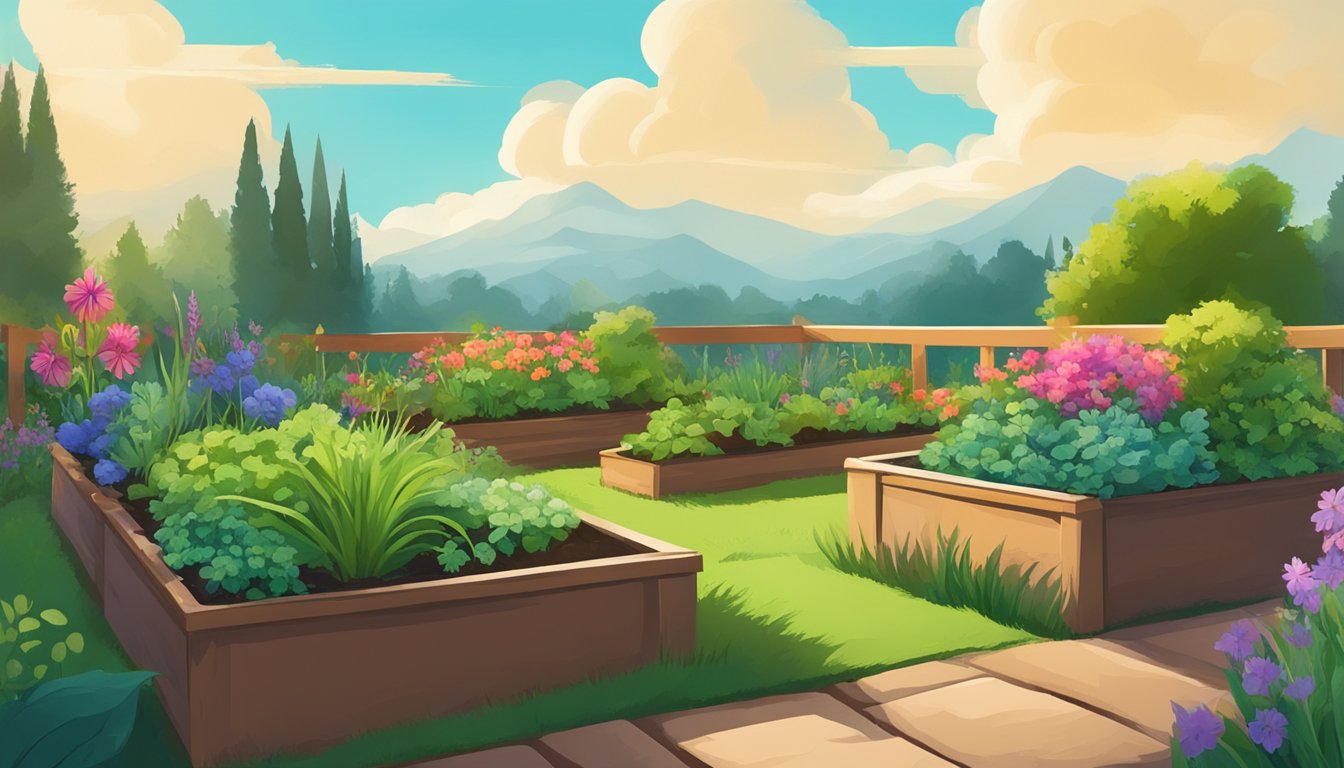 Illustration of a garden with raised beds and a mountain view in the background.