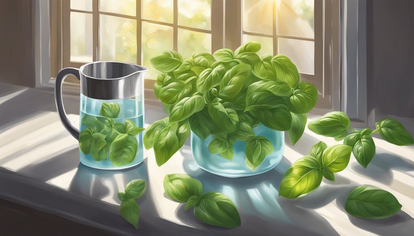 A vibrant image of fresh basil leaves in a glass bowl and a pitcher filled with water, placed on a sunlit windowsill.