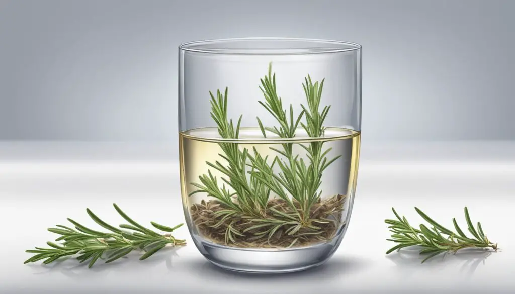 A glass of water with rosemary sprigs submerged, showing a method to revive dead rosemary.