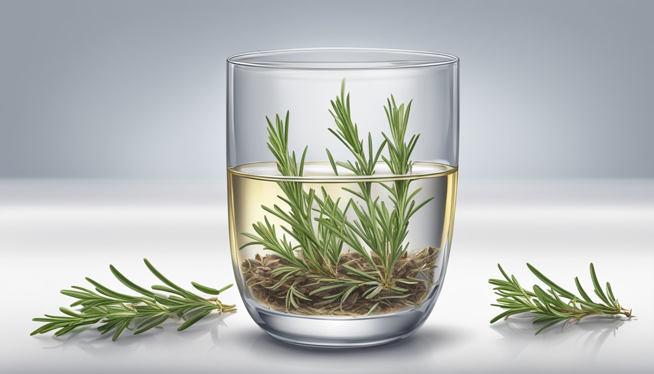 A glass of water with rosemary sprigs submerged, showing a method to revive dead rosemary.