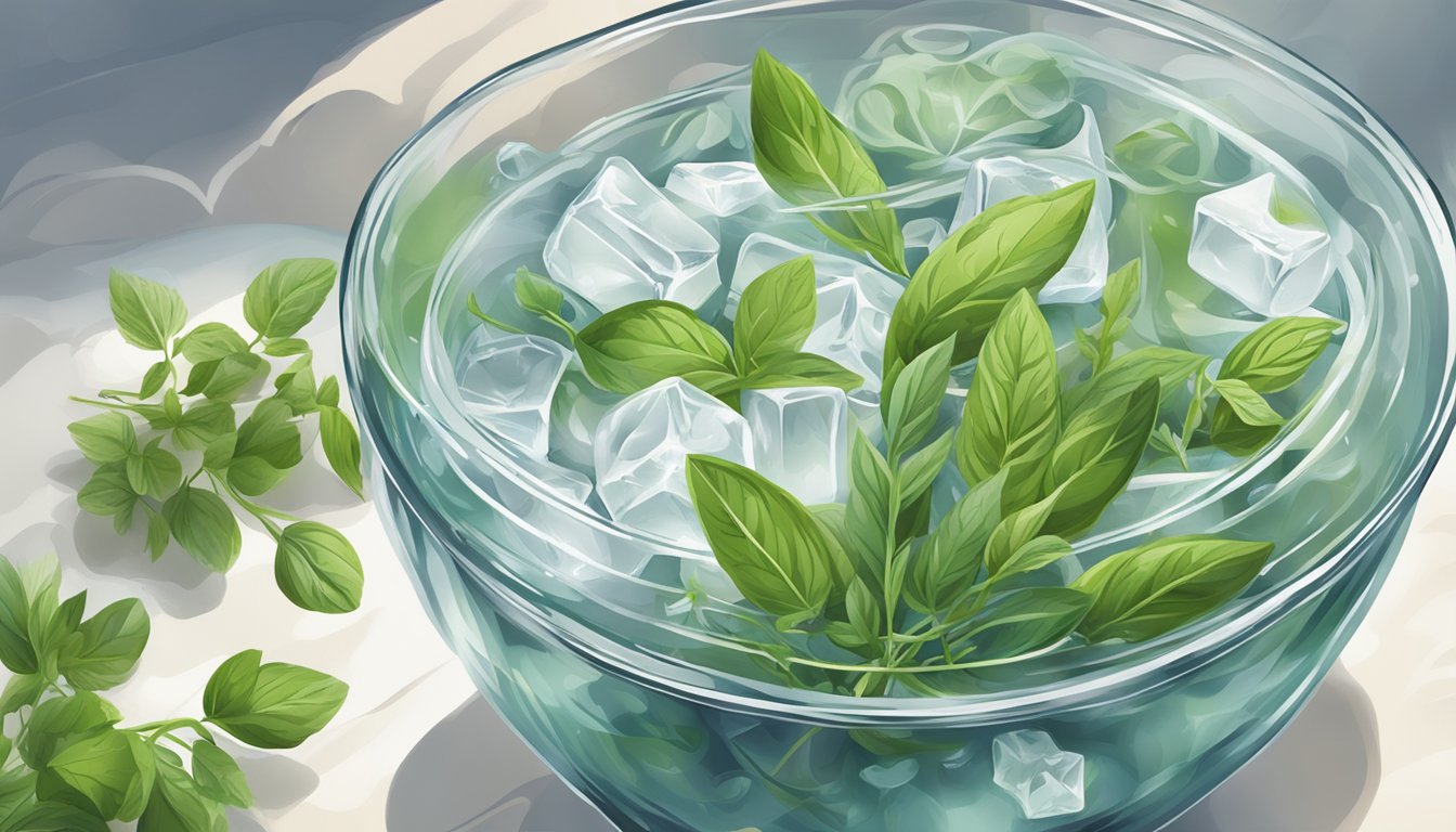 A bowl of water with ice cubes and fresh green basil leaves, with more basil leaves beside it, illustrating a method to revive herbs.