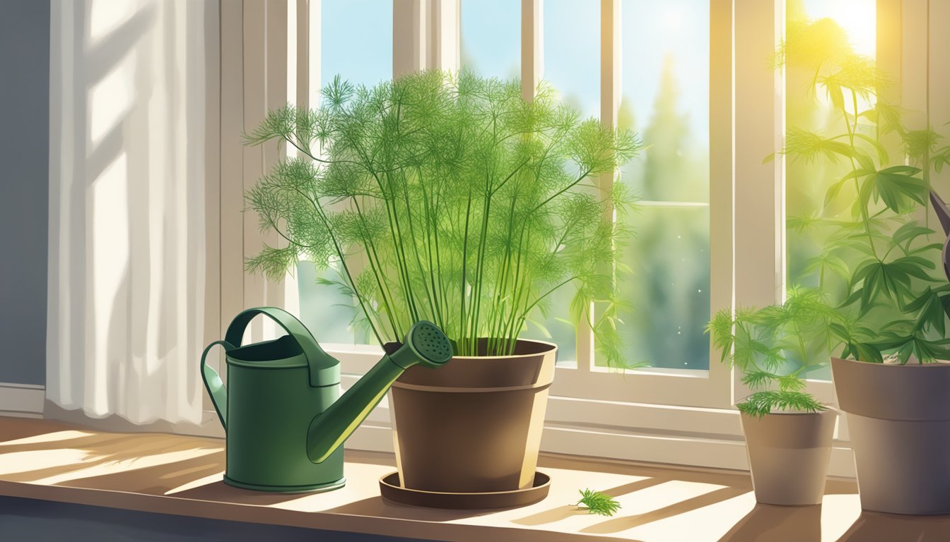A healthy dill plant in a pot next to a green watering can, sitting on a windowsill with sunlight streaming in.