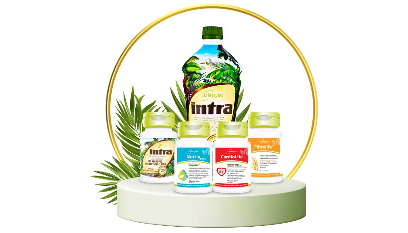 A collection of Lifestyles health supplements, including a large bottle of Intra herbal juice and four smaller bottles of capsules, displayed on a white pedestal with green leaves and a golden ring in the background.