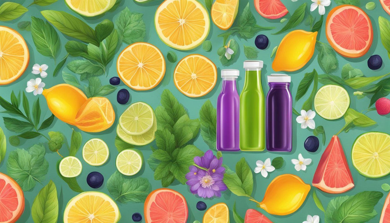Three bottles of Intra Herbal Juice surrounded by a variety of fresh fruits and leaves on a green background.