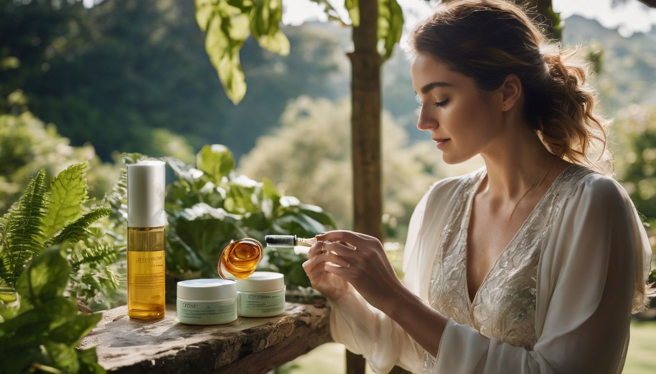A person holding a dropper with golden liquid, with skincare products arranged on a wooden surface, surrounded by lush greenery.
