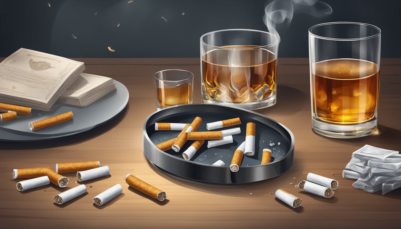 A still life image featuring cigarettes, whiskey glasses, and a pack of Khoor cigarettes on a wooden surface.